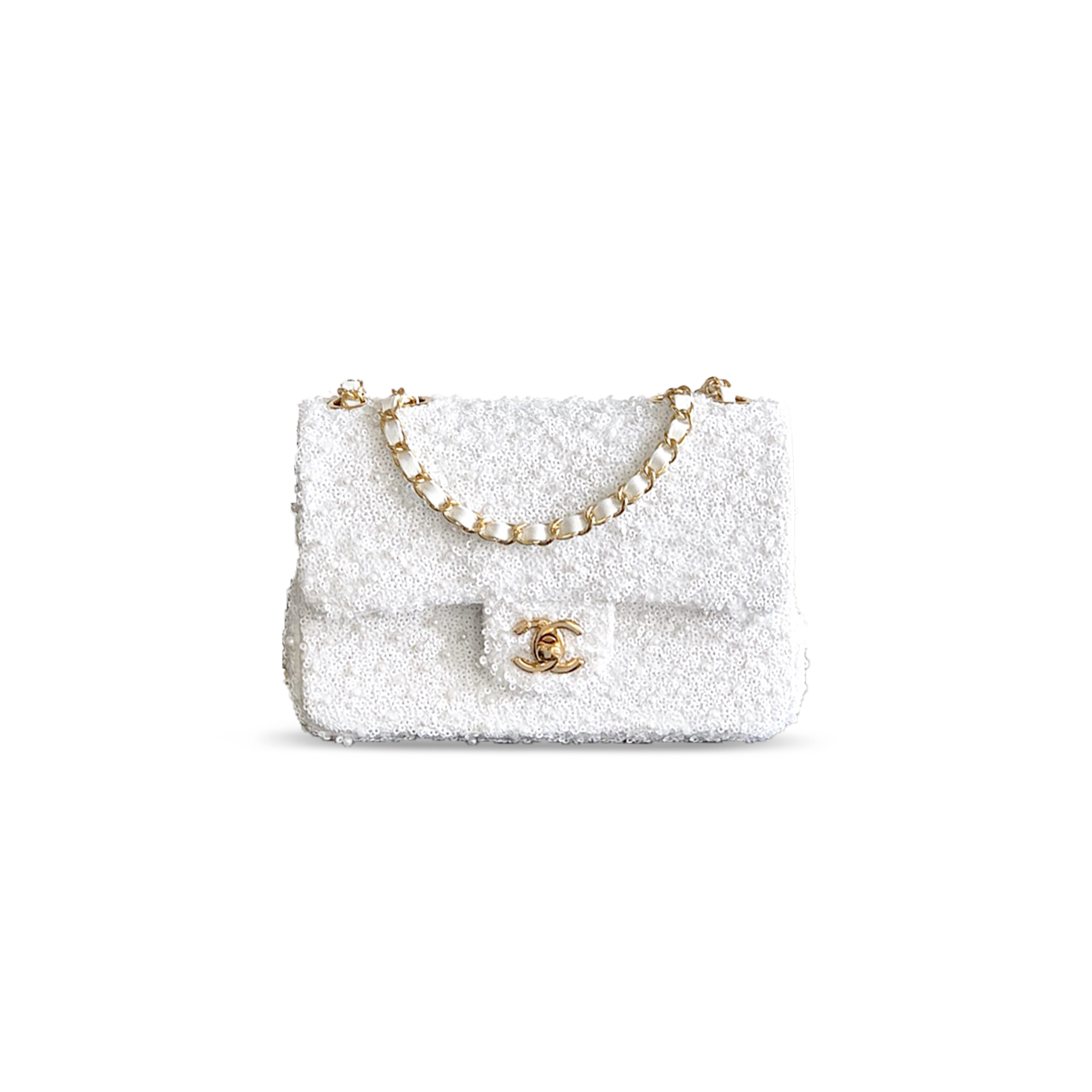 Ch*el mini classic flap bag pearl and sequins & gold metal white 295846 (20*12*6cm)
